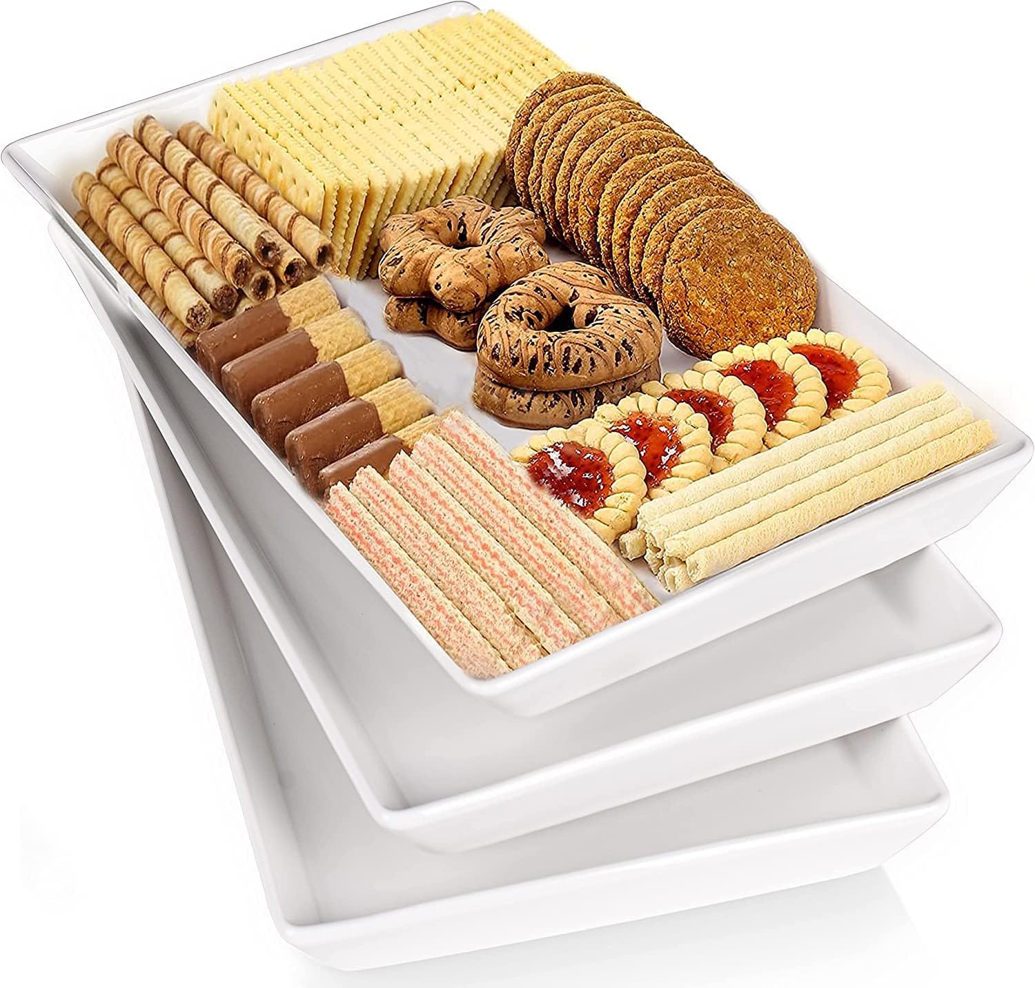 Delling Bandeja grande para servir, bandeja grande de 16 x 9.5 pulgadas, platos rectangulares de porcelana blanca para servir alimentos, bandejas de