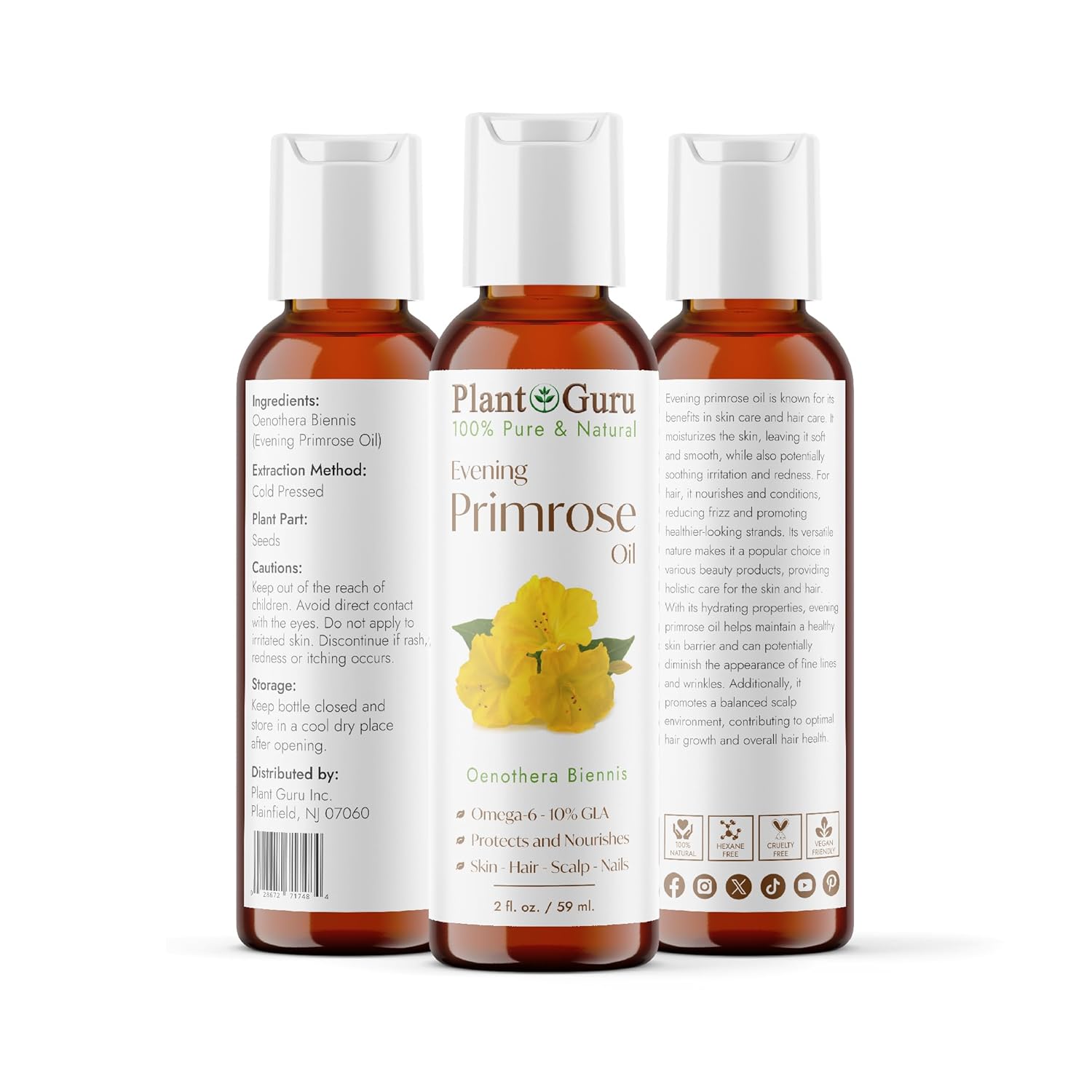 Aceite de onagra de 2 onzas prensado en frío 100% puro y natural portador – Hidratante para el crecimiento de la piel, la cara, el cuerpo y el