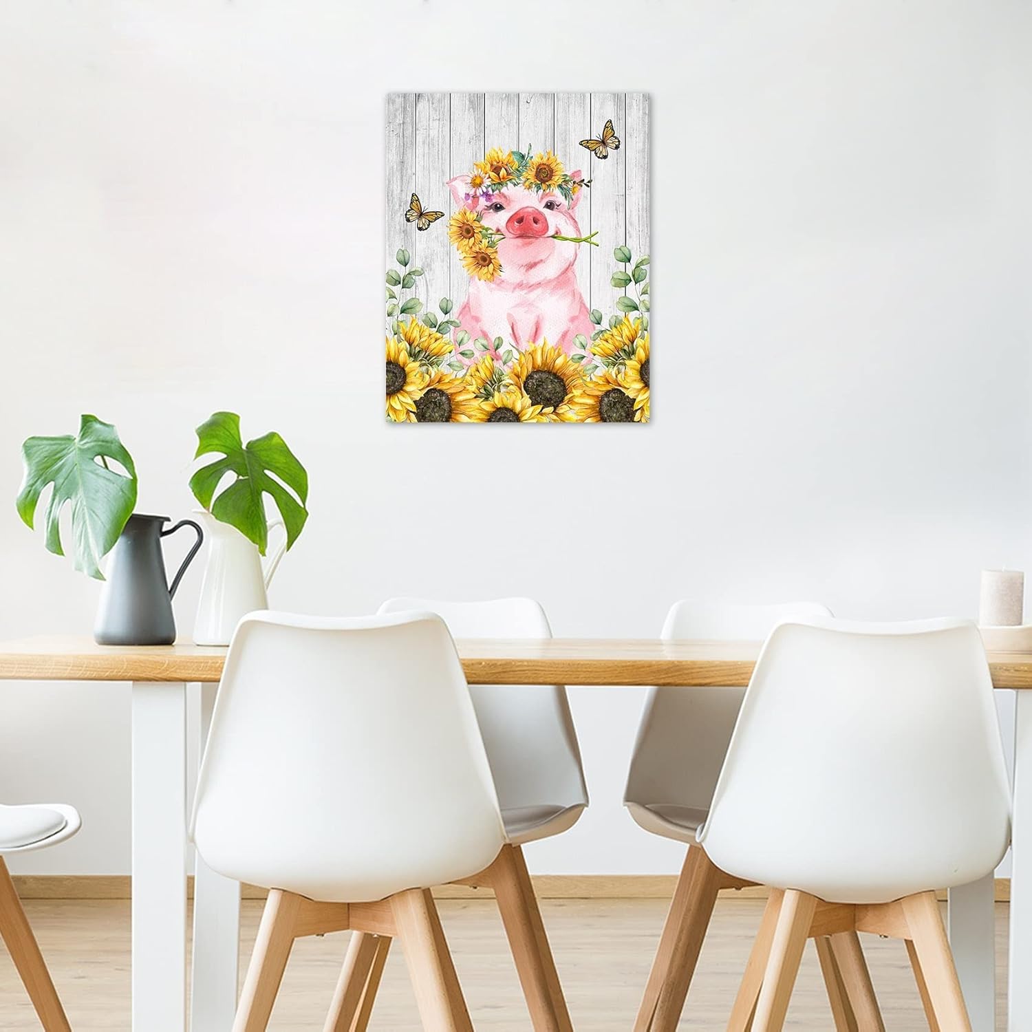 HVEST Arte de pared de girasol de cerdo, lindo cerdo y girasoles con mariposa en tablero rústico, pintura abstracta, lienzo de granja para baño,