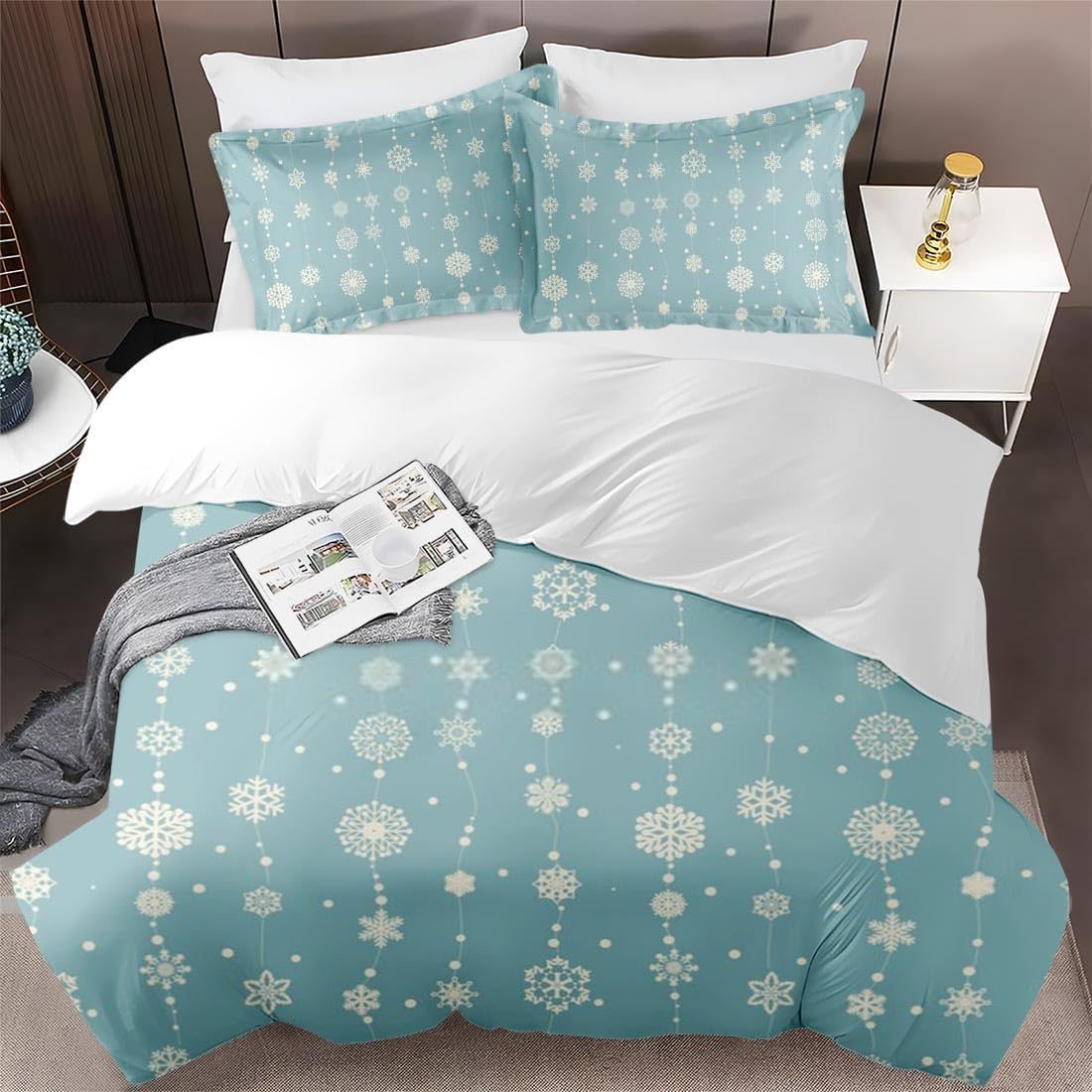 Juego de funda de edredón, copos de nieve de Navidad, juego de ropa de cama azul retro para niños y adultos, decoración de dormitorio, juego de