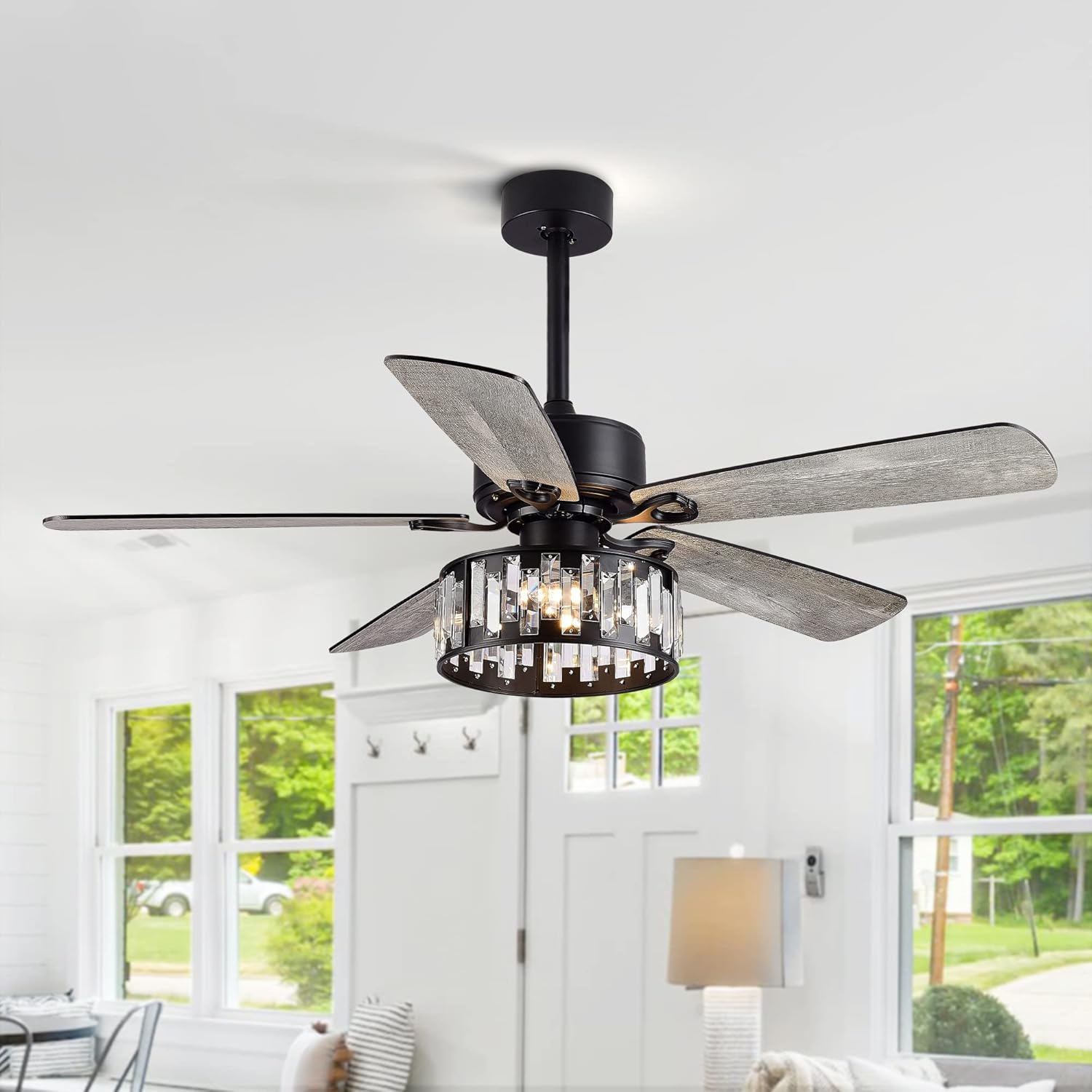 Ventilador de techo rústico de 52 pulgadas con control remoto de luz, motor de CA reversible silencioso, 5 cuchillas de doble acabado, ventilador de