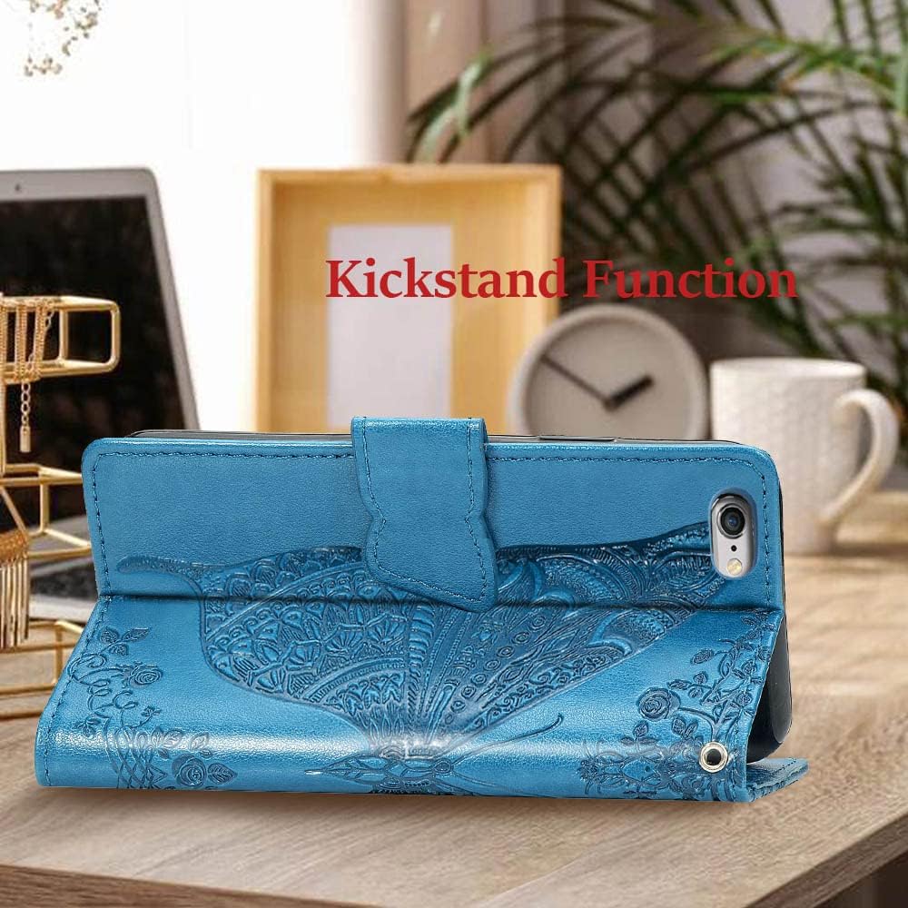 Funda tipo cartera para iPhone SE 2020SE 2022iPhone 8iPhone 7, diseño de mariposa en relieve, de piel sintética, soporte para tarjetas, correa de