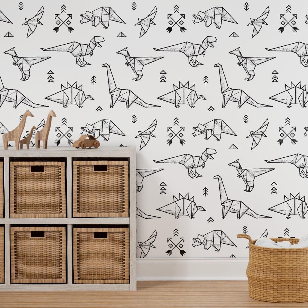 Spoonflower Papel tapiz autoadhesivo de 12 x 2 pies  Dinosaurios Origami Negro Blanco Geométrico Monocromo Papel pintado extraíble personalizado