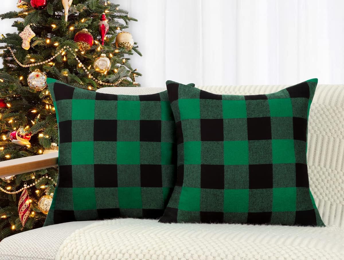 4TH Emotion Juego de 2 fundas de cojín o almohada de poliéster con estampado a cuadros estilo alquería para decoración del hogar en Navidad, verde y