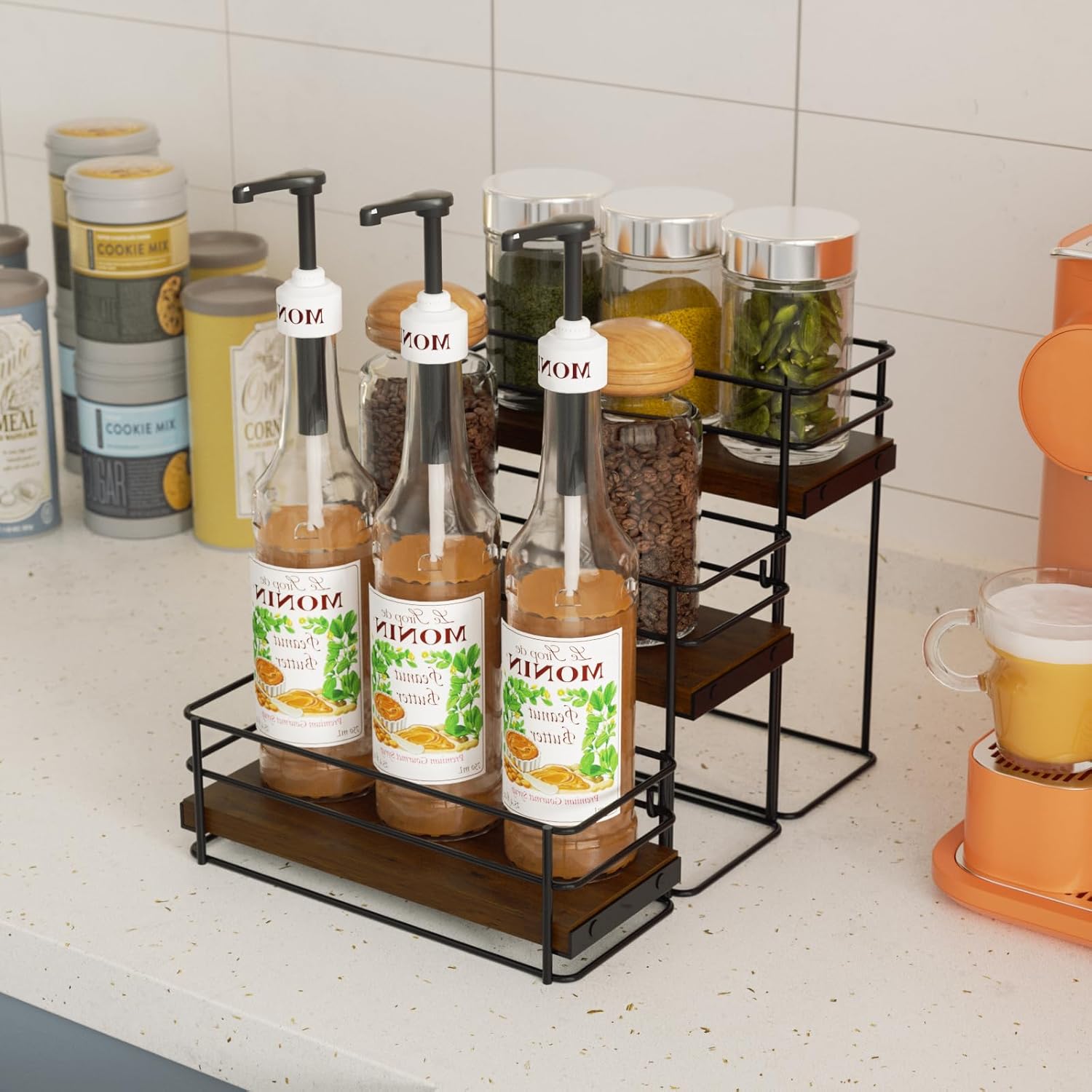 VANMEE Estante organizador de 9 botellas de jarabe de café, sin instalación, soporte de 3 niveles para botella de jarabe de café, estante de
