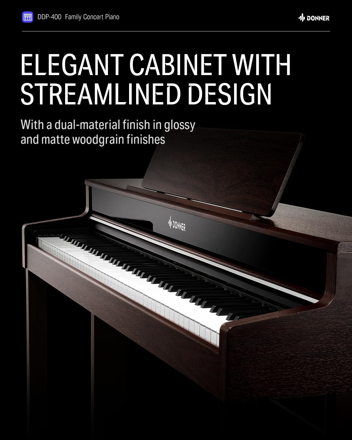 Donner DDP-400 Piano digital con teclado progresivo de 88 teclas, teclado vertical premium para profesionales, paquete con auriculares, Bluetooth,
