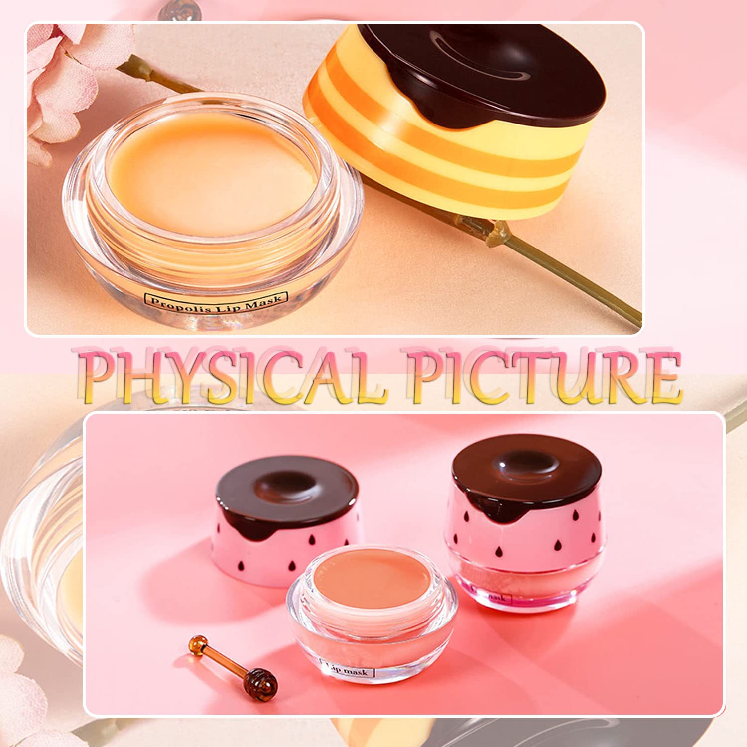 Bálsamo labial de abeja Honey Pot, 2 máscaras labiales de fresa y miel, prevención hidratante, exfoliante labial seco y agrietado, máscara de sueño
