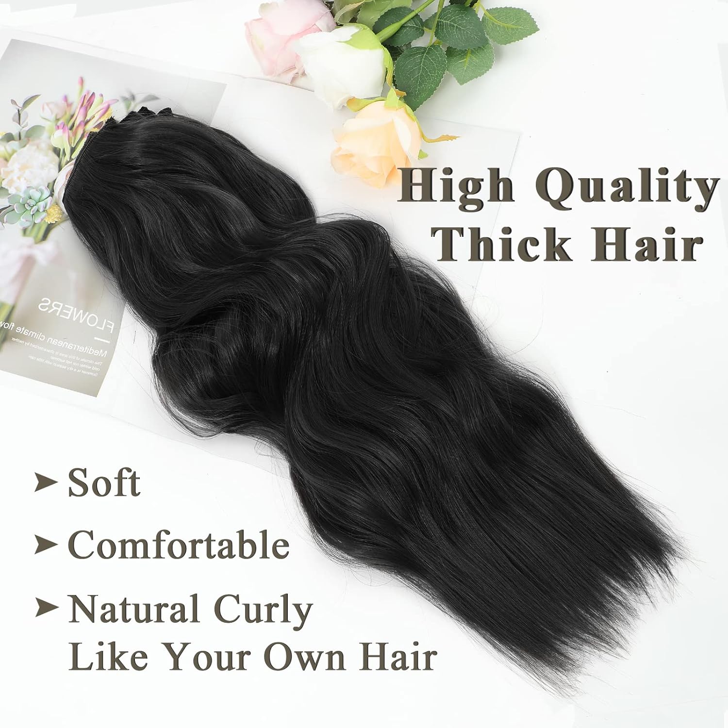 NAYOO Extensiones de cabello negro con clip, 4 piezas, extensiones de cabello ondulado y rizado, de fibra sintética de doble trama, extensiones