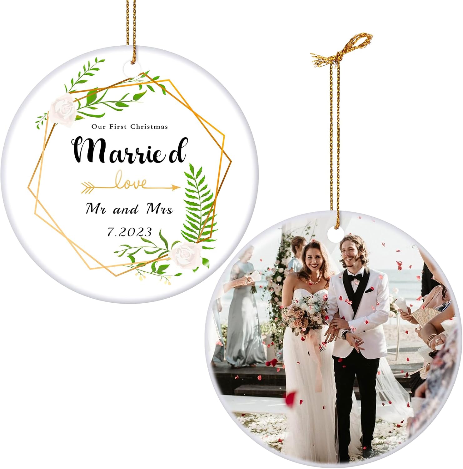 Adorno de matrimonio de primera Navidad 2023, adornos de Navidad personalizados, regalos de boda personalizados de doble cara para parejas, regalo