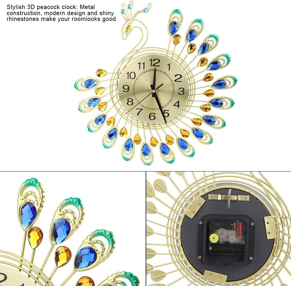 VIXPET Reloj de pared de pavo real, reloj de pared de pavo real, cristal 3D, forma de pavo real, sin tictac, reloj silencioso para sala de estar,