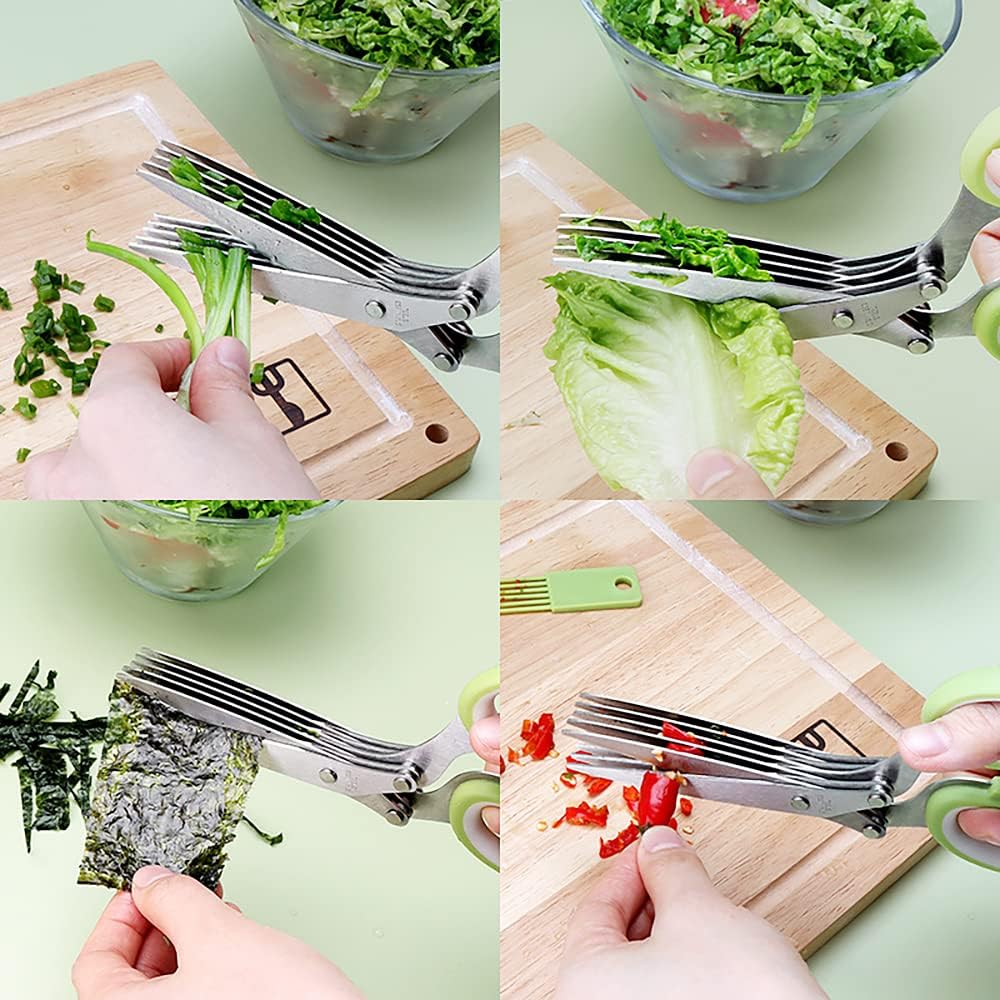 A-XINTONG – Tijeras multicapa de acero inoxidable con cepillo pequeño, para cortar verduras, hierbas, papel triturado, versátil, fácil de usar