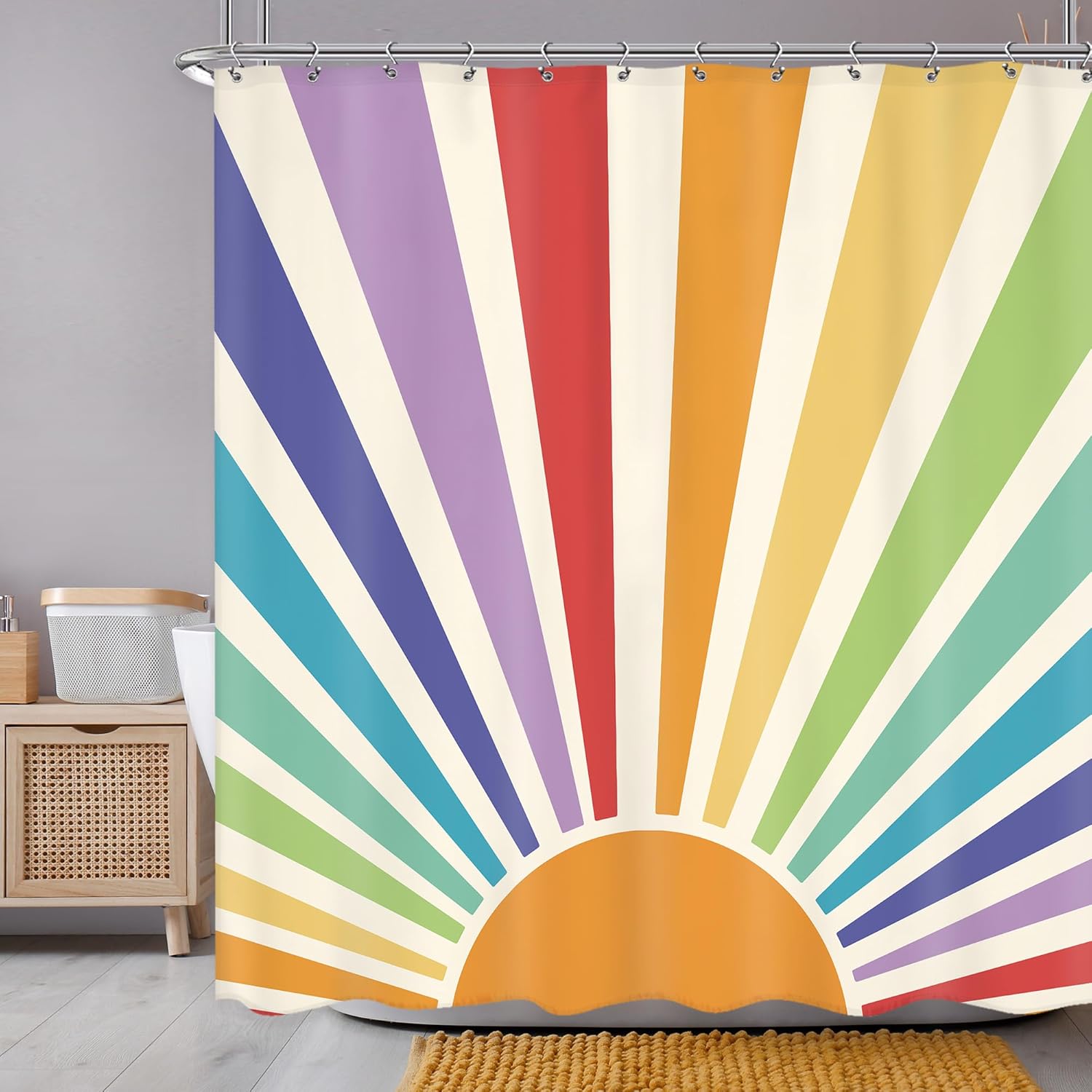 Cortina de ducha boho de los años 70, 72 pulgadas de ancho x 72 pulgadas de alto, retro, abstracta, arco iris, puesta de sol, puesta de sol, linda