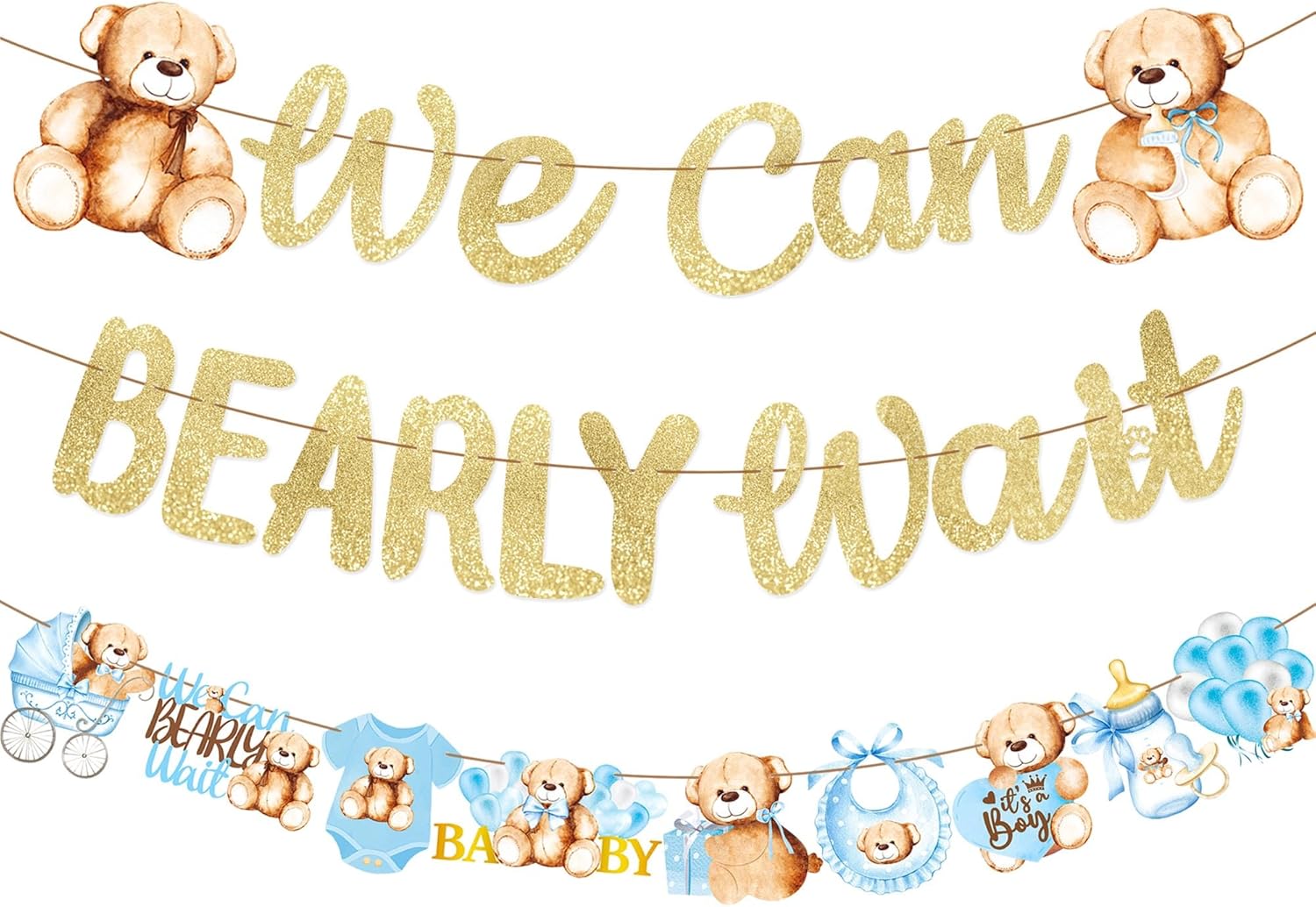 Cartel de oso de peluche para baby shower, 3 unidades, con texto en inglés We Can Bearly Wait Baby Show, decoración de oso de peluche con purpurina