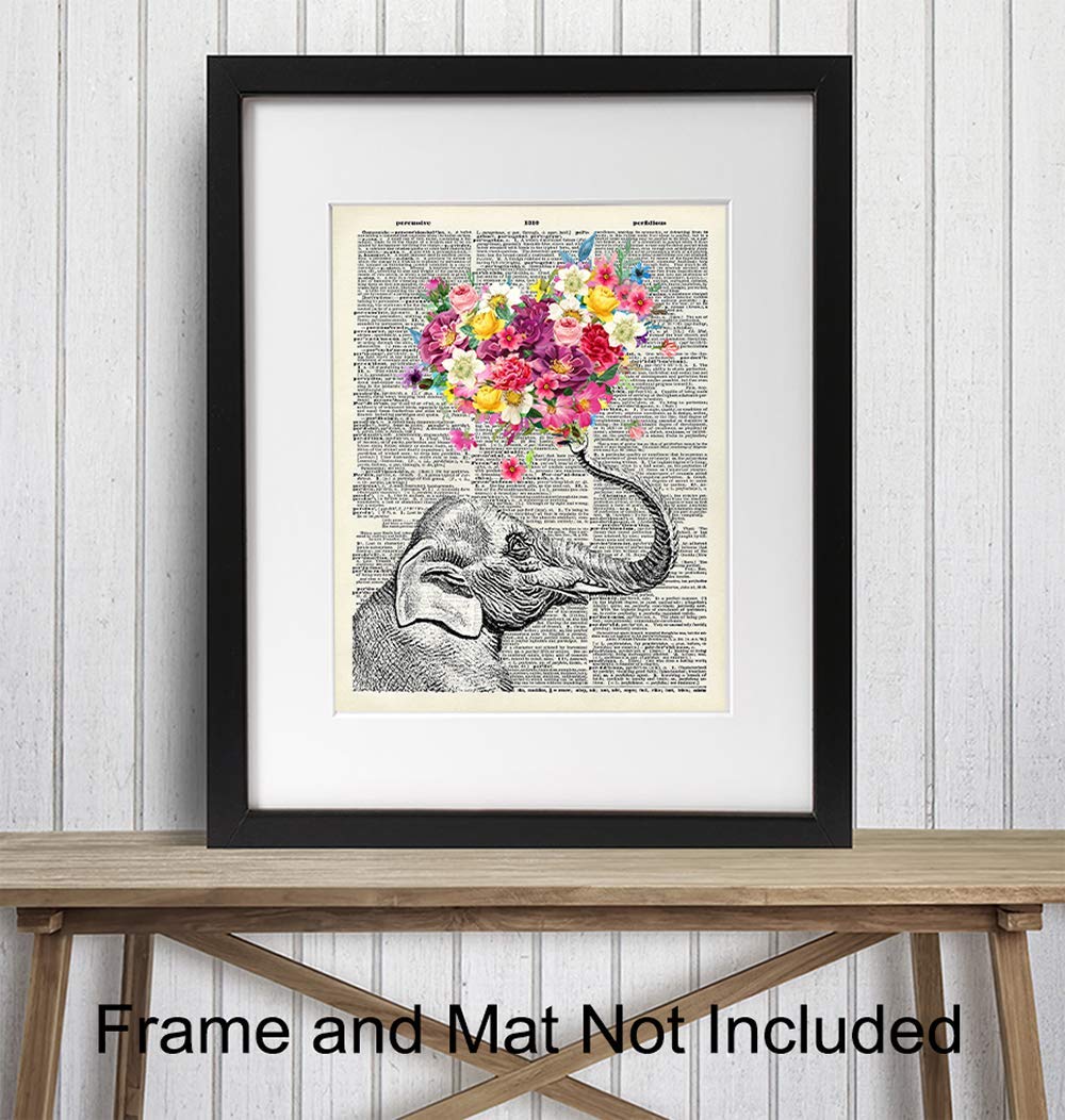 Elephant Dictionary Art Print – 8×10 Sweet Shabby Chic Poster for Home, Wall, Room Decor, Decoration, Bedroom, Bathroom – Cool, Unique Romantic Gift