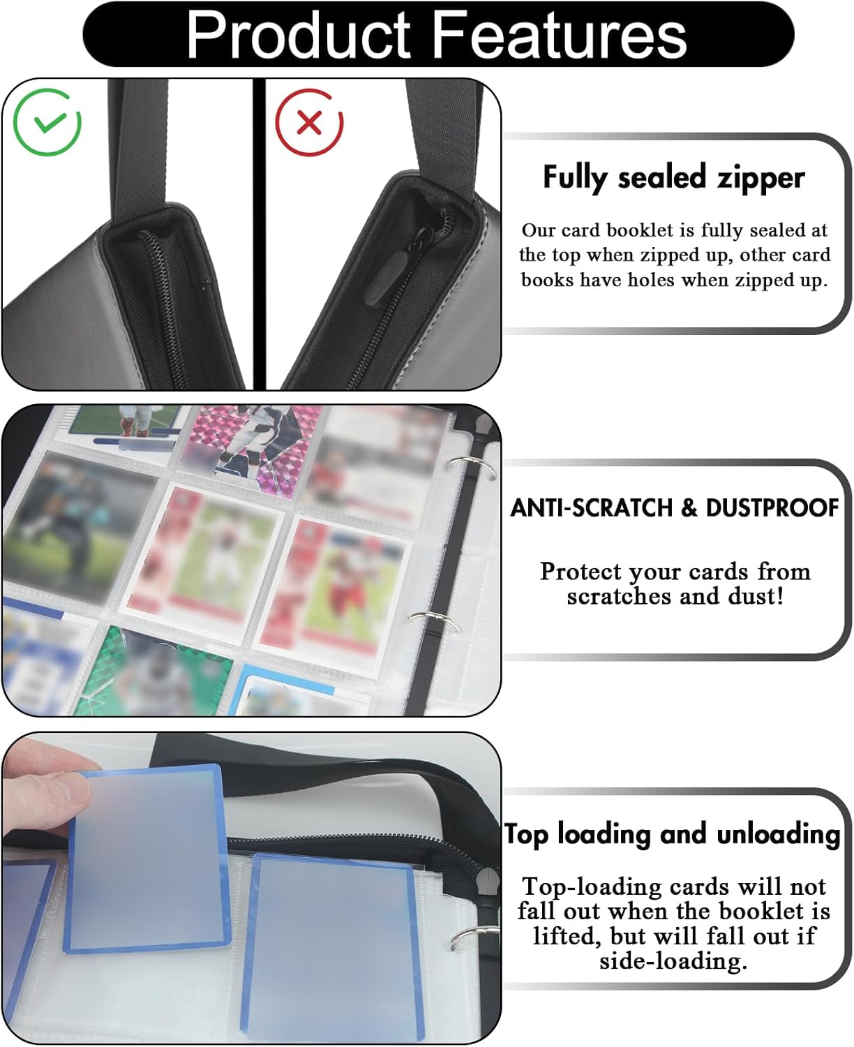 Carpeta de tarjetas coleccionables de 9 bolsillos, 900 cargadores superiores para tarjetas, carpeta de tarjetas coleccionables con cremallera