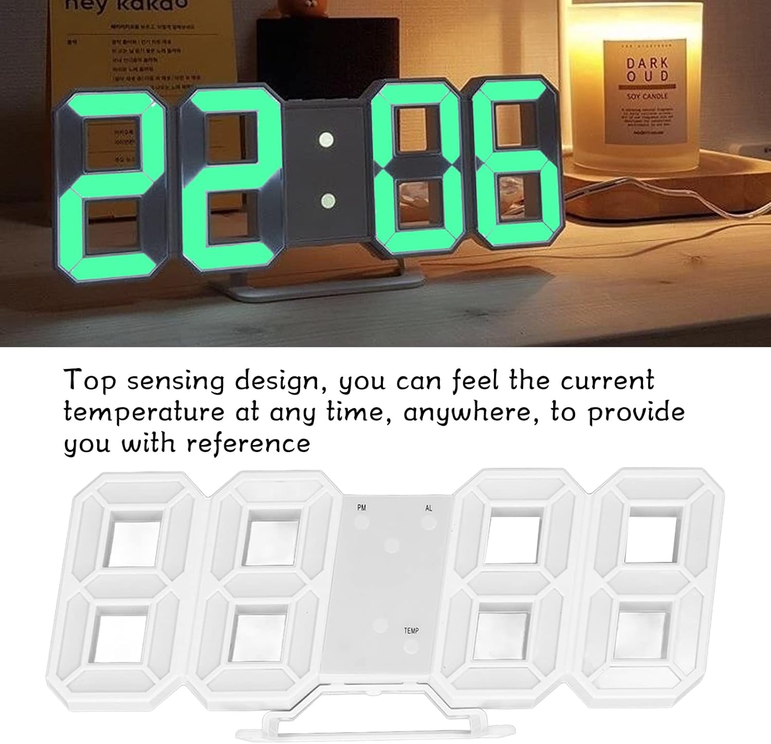 Mokernali Reloj de pared LED 3D, reloj de pared minimalista con marco blanco, reloj despertador digital, con temporizador y temperatura, 9.1 x 3.7