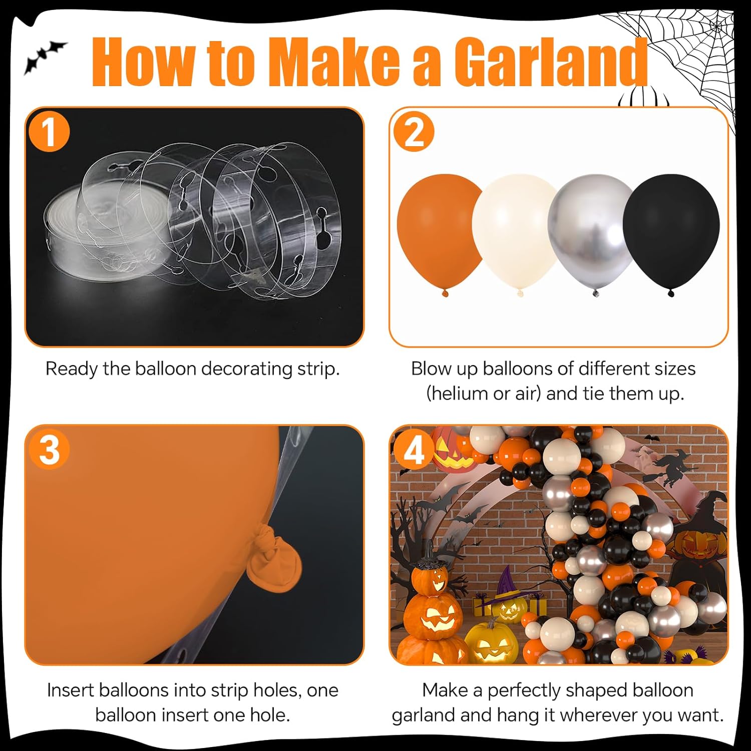Kit de guirnalda de arco de globos de Halloween, 102 globos de látex naranja negro marfil, decoraciones de fiesta de Halloween para niños y niñas,