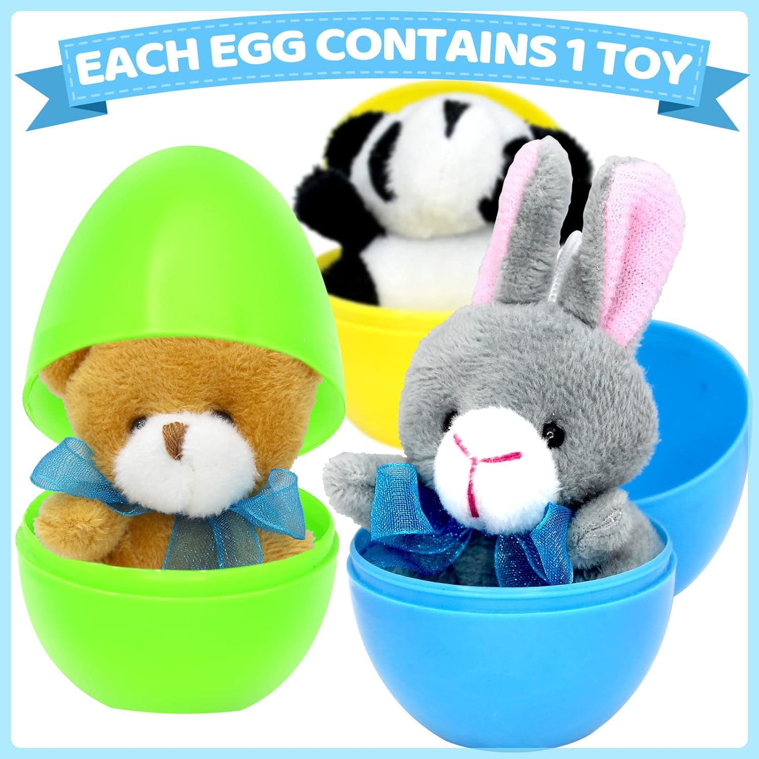 12 huevos de Pascua precargados con temática de animales con juguetes de peluche en el interior para cestas de niños y recuerdos de fiesta