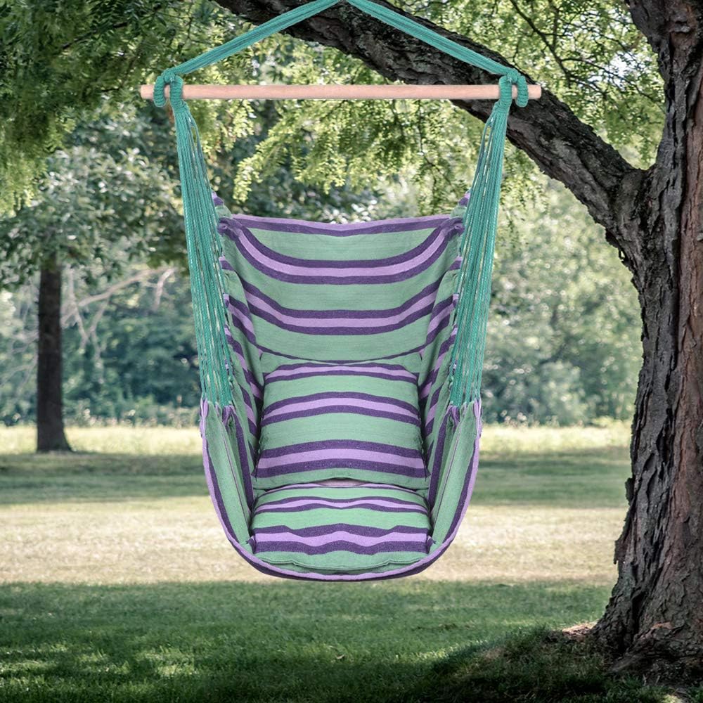 Hamaca colgante de cuerda para patio, dormitorio, patio, porche, cualquier espacio interior o exterior, rayas de lona, dos almohadas incluidas