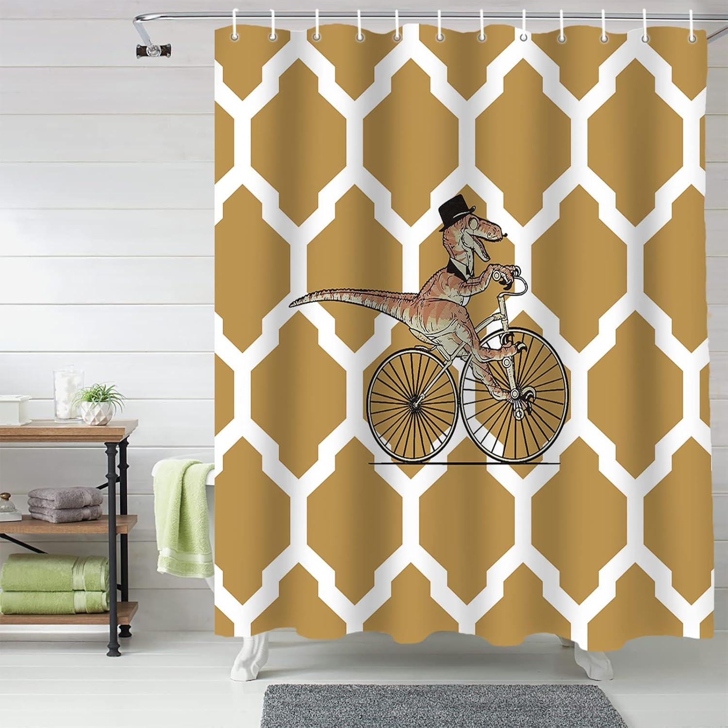 Vandarllin Divertida cortina de ducha con diseño geométrico de dinosaurio para bicicleta, juego de cortinas de ducha para niños con ganchos,