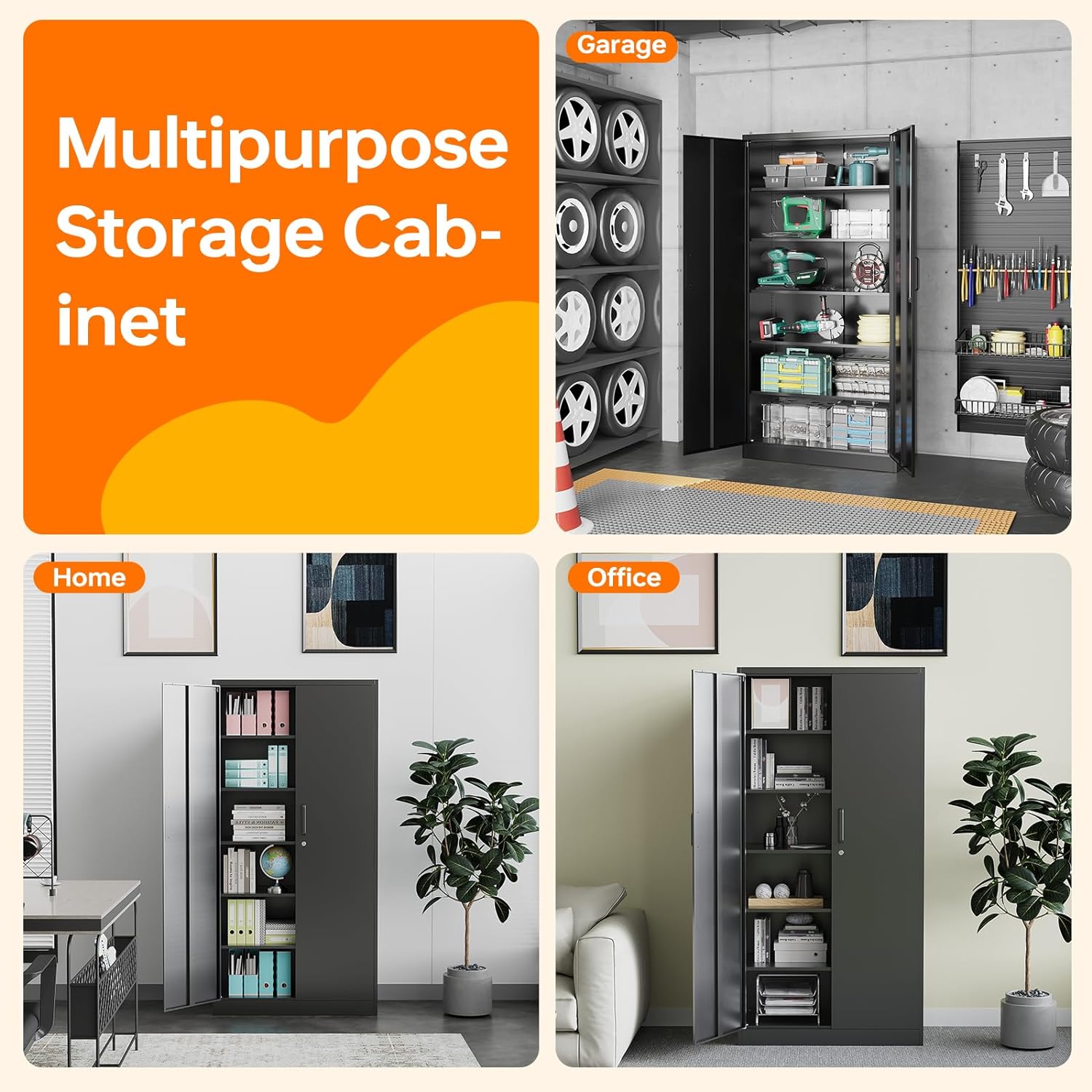 Armarios de almacenamiento de metal con cerradura, gabinete de almacenamiento de garaje de 71 pulgadas con 2 puertas y 5 estantes ajustables,