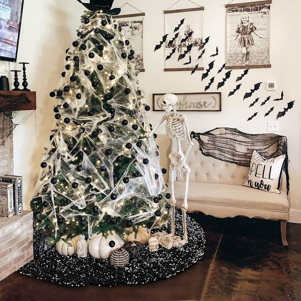 XIMISHOP Falda de árbol de lentejuelas de 48 pulgadas, falda de árbol negra plateada con purpurina para decoración de árbol de Navidad, Halloween,