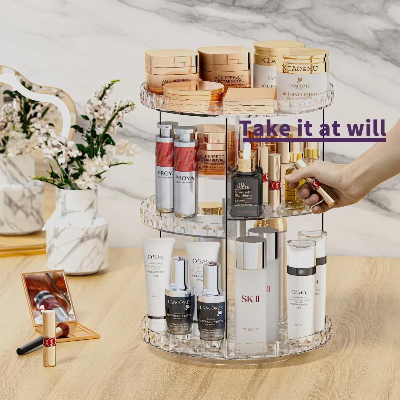 ZHIAI Organizador de maquillaje giratorio de 360, organizador de cosméticos de gran capacidad para soporte de perfume, organizador de encimera,
