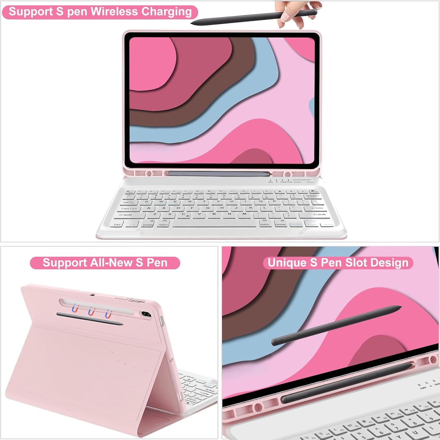 Funda para Samsung Galaxy Tab S7 FE (5G)S8 PlusS7 Plus con teclado, teclado Bluetooth inalámbrico desmontable, funda protectora con soporte, funda