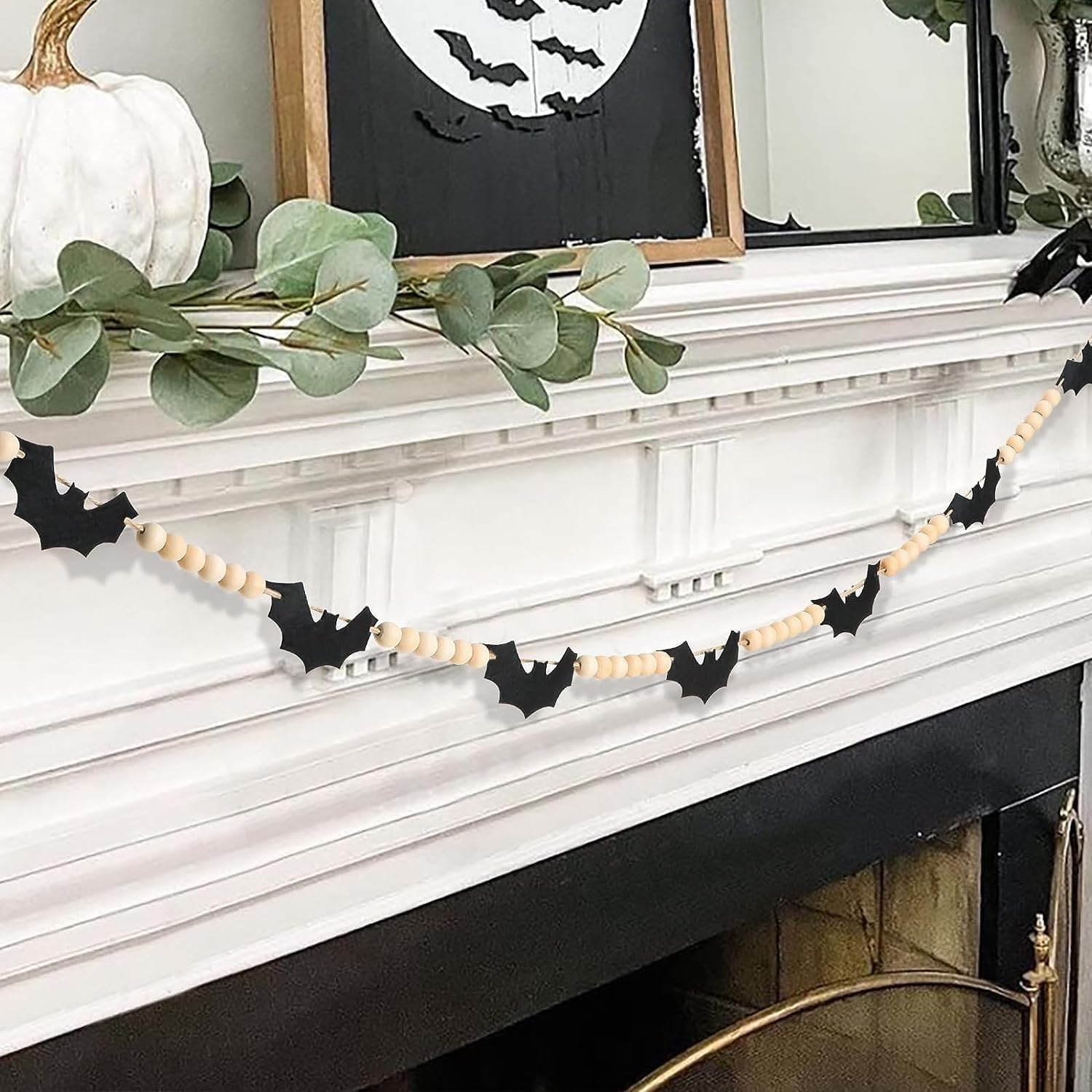 Decoraciones de Halloween para interiores, murciélagos de fieltro, guirnalda de cuentas de madera para pared, casa, chimenea, decoración de mantel