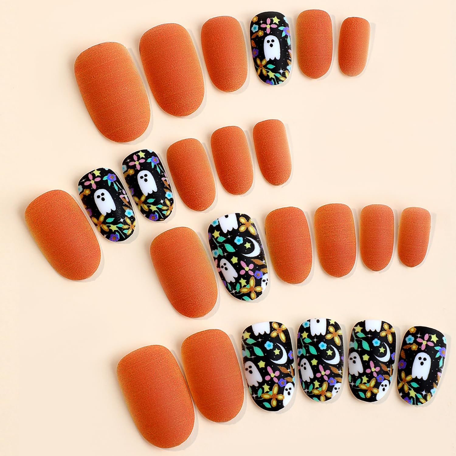 24 piezas de uñas postizas cortas cuadradas con diseño de cara de fantasma, uñas postizas mate, uñas acrílicas artificiales adhesivas con puntas de