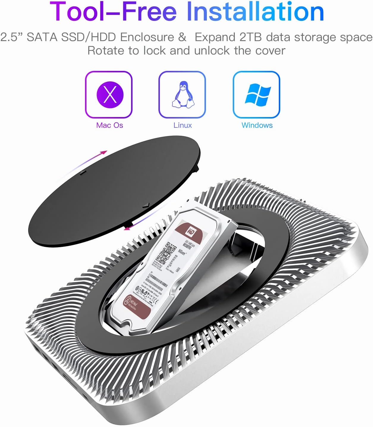 RayCue Mac Mini Hub y soporte tipo C con carcasa SSD, soporte para Mac Mini, compatible con SSD SATA de 2.5 pulgadas, puerto de datos USB-C, puerto