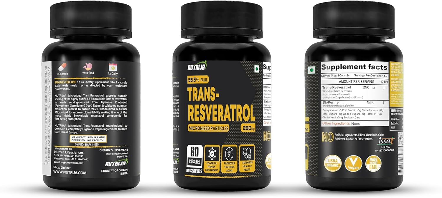 NutriJa Cápsulas de resveratrol Trans de 250 mg  99.5% puro micronizado y altamente suplemento que ayuda a ralentizar el envejecimiento, potente