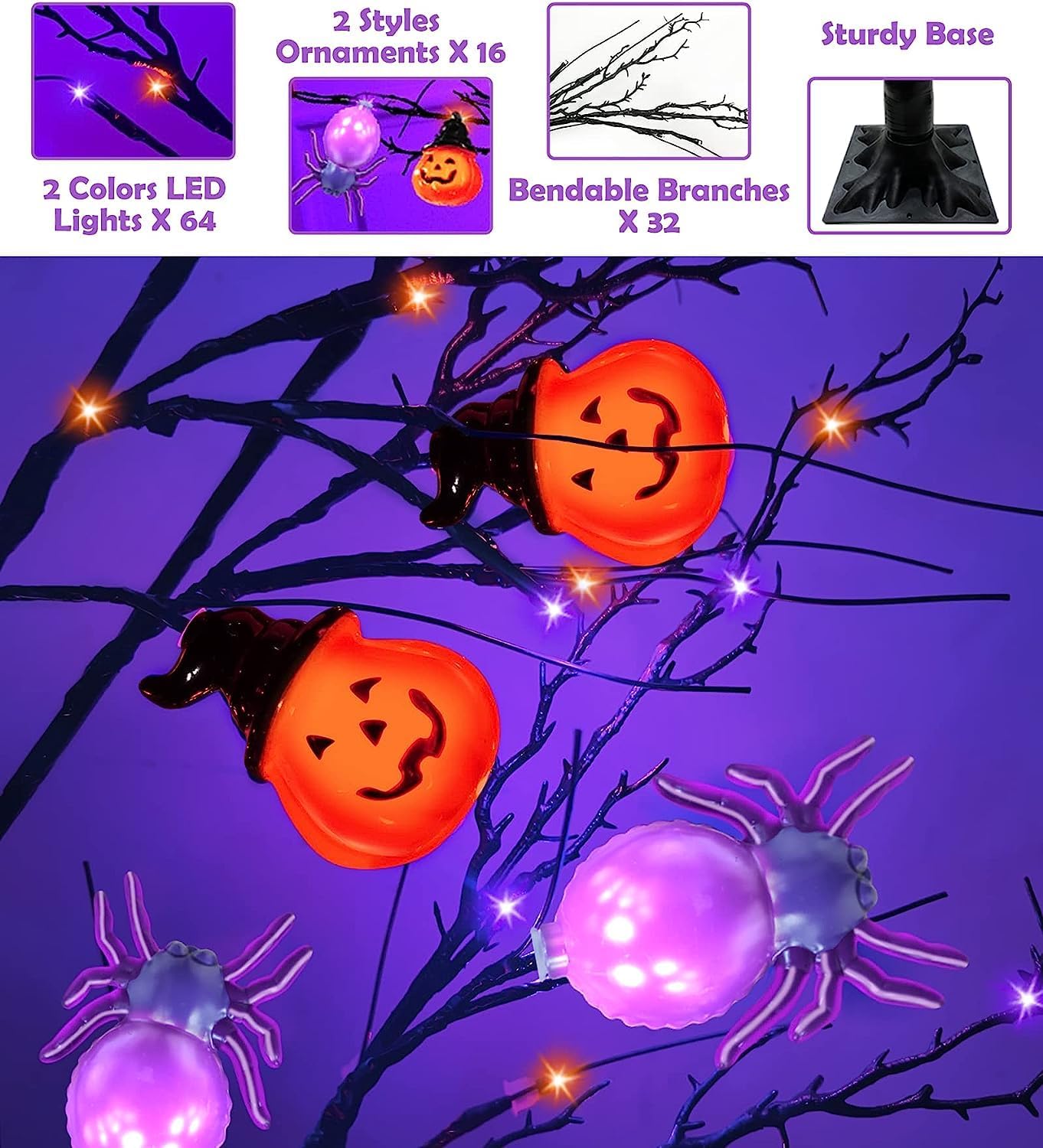 TURNMEON Árbol de Halloween iluminado naranja y morado de 5 pies con temporizador, decoraciones de Halloween, árbol artificial espeluznante para