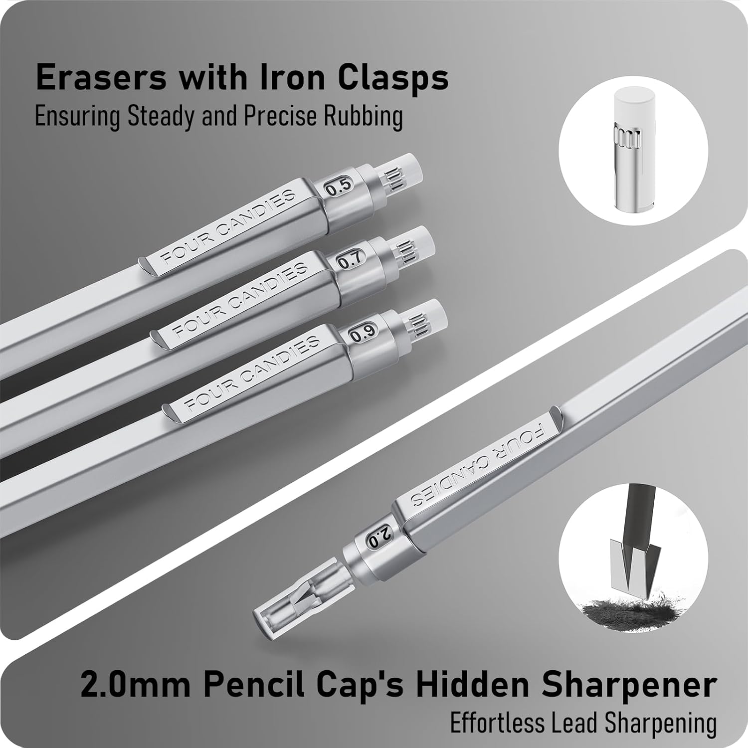 Four Candies Metal Mechanical Pencil Set, 3PCS Art Drafting Pencils 0.5, 0.7, 0.9MM & 2PCS 2MM Mechanical Drawing Pencils with 420PCS Leads (4B 2B
