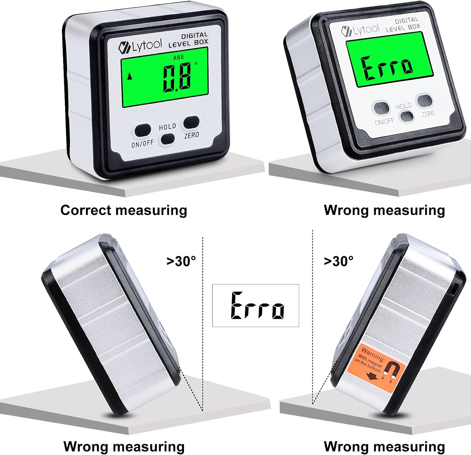 Herramienta digital de búsqueda de ángulos, medidor de ángulo Lytool Herramienta de nivel electrónico con nivel de burbuja y base magnética,