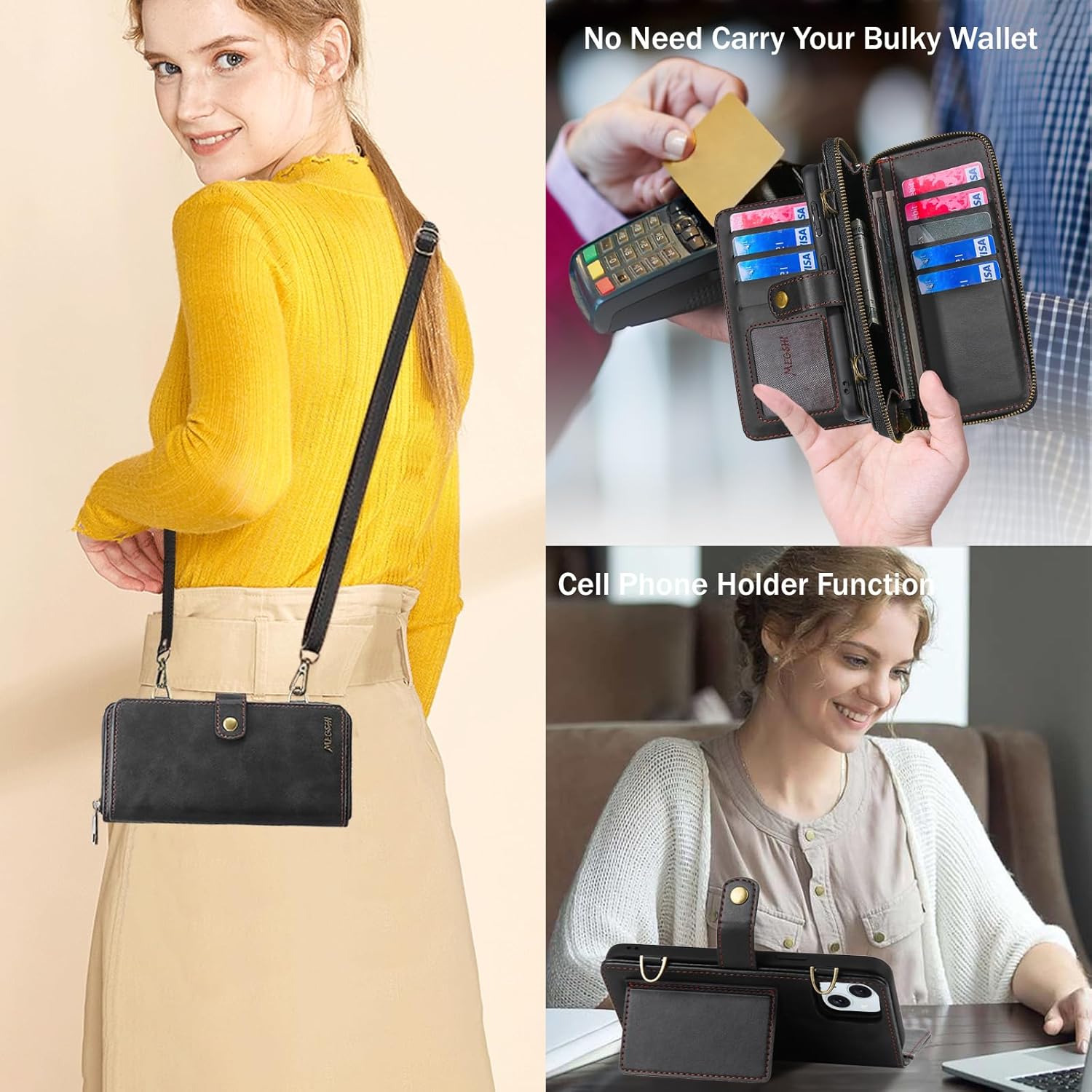 QIXIU Funda tipo cartera para iPhone 15 Plus, multifunción, desmontable, 3 en 1, funda magnética para teléfono, con correa abatible, cremallera y