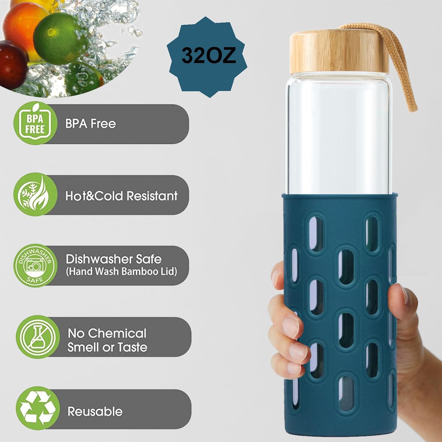 Botellas de agua de vidrio de 32 onzas de borosilicato natural de boca ancha reutilizable con funda de silicona, lindas botellas de agua para