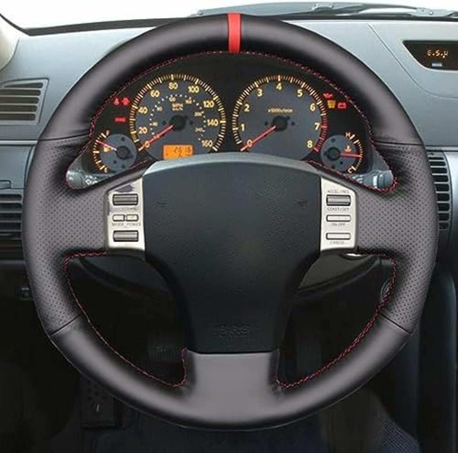 Cubierta de volante de costura a mano para Infiniti G35 2003-2006 para Nissan Skyline V35 2003-2006 línea roja+azul