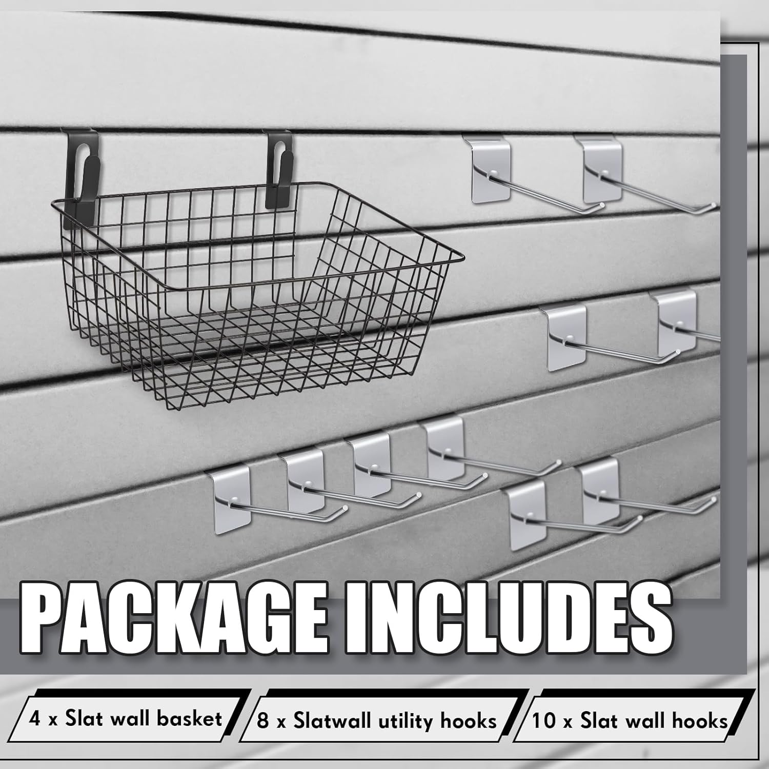 4 cestas de pared con ganchos de Slatwall, cestas de pared, cestas de almacenamiento colgantes, cestas de metal, cubos de Slatwall, ganchos para