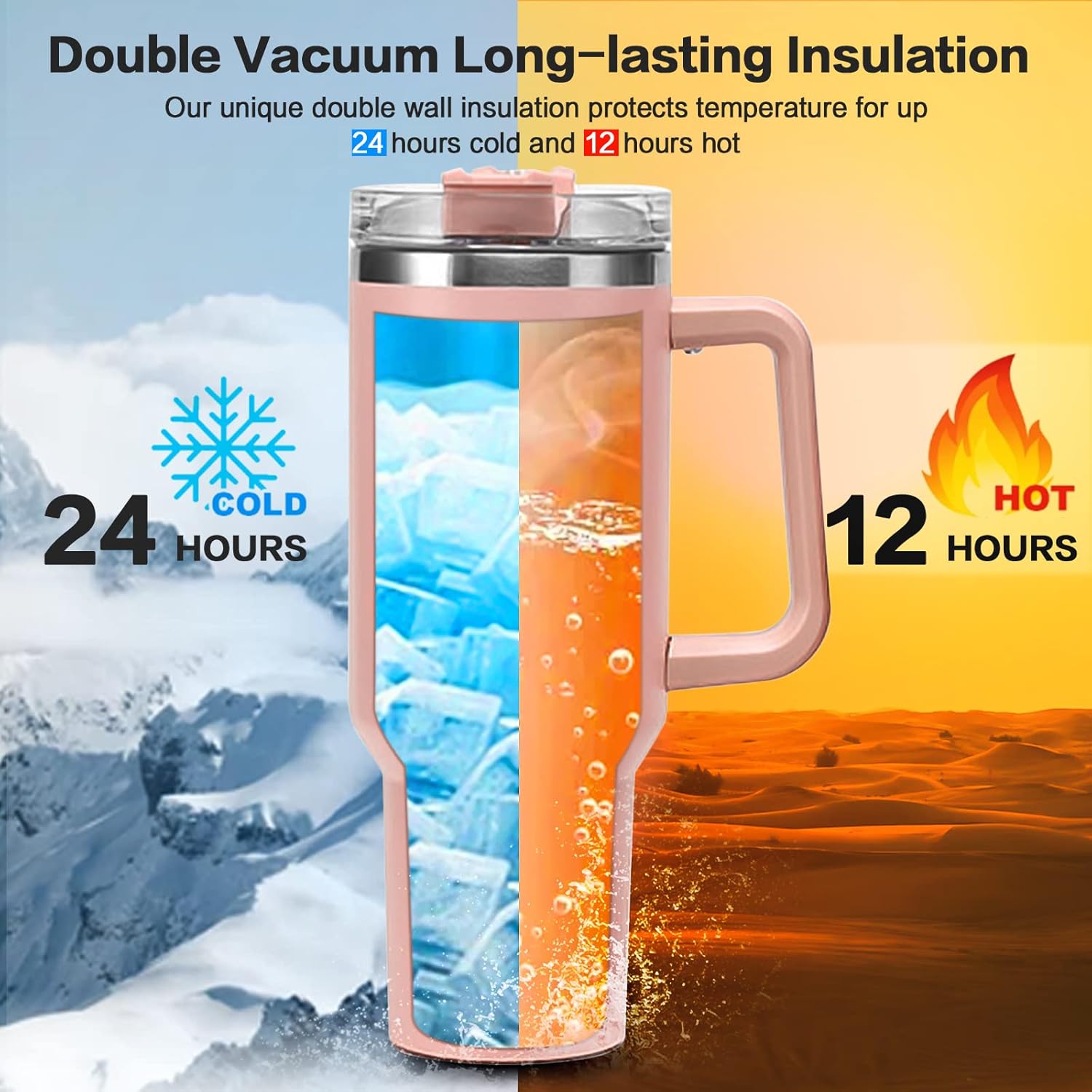 Vaso de 40 onzas con asa y tapa con pajilla, vaso aislado de acero inoxidable, taza de viaje, para bebidas calientes y frías, taza de café de viaje