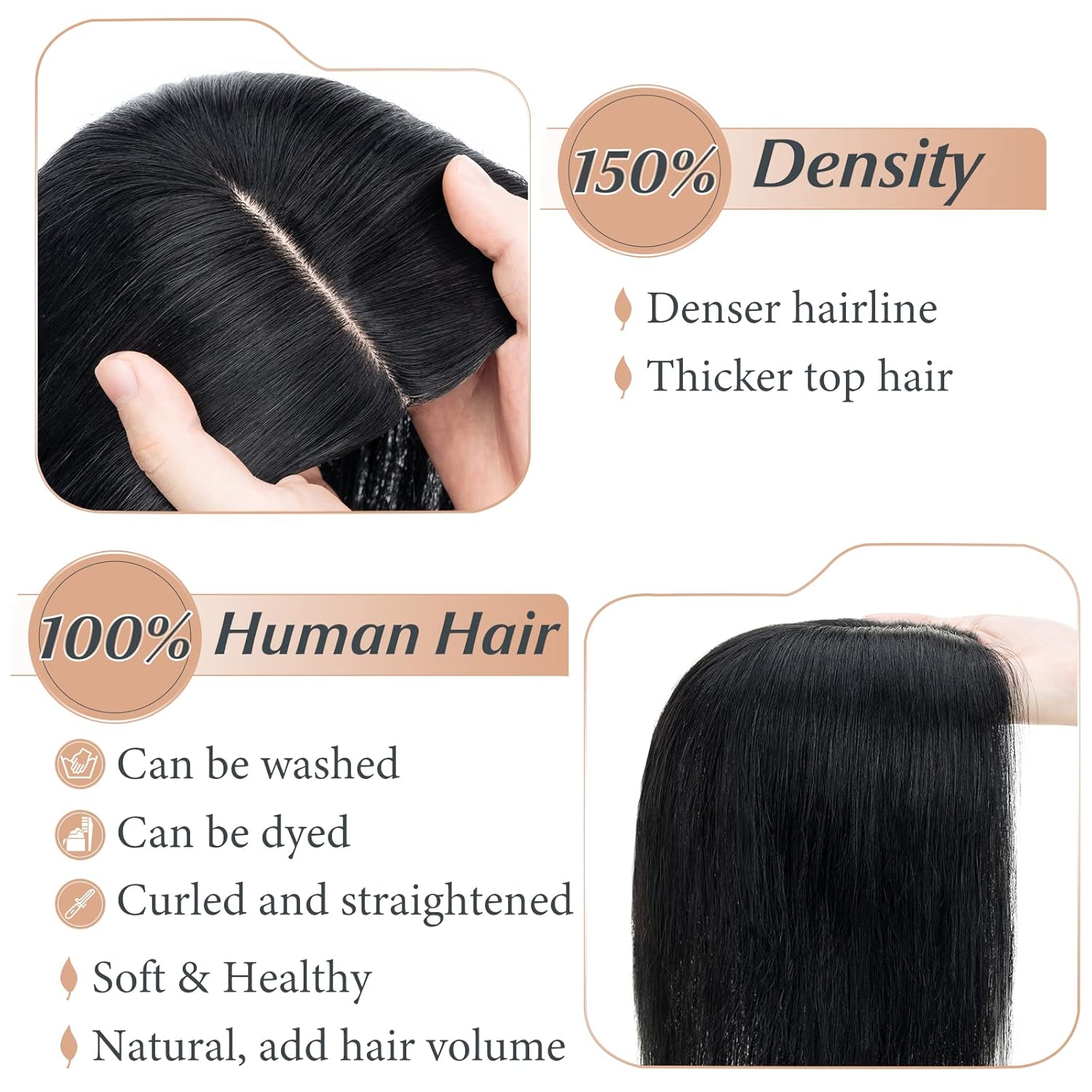 Benehair Toppers para el cabello para mujer, 100% cabello humano real, densidad del 150%, hecho a mano, base de seda, piezas de cabello con clip