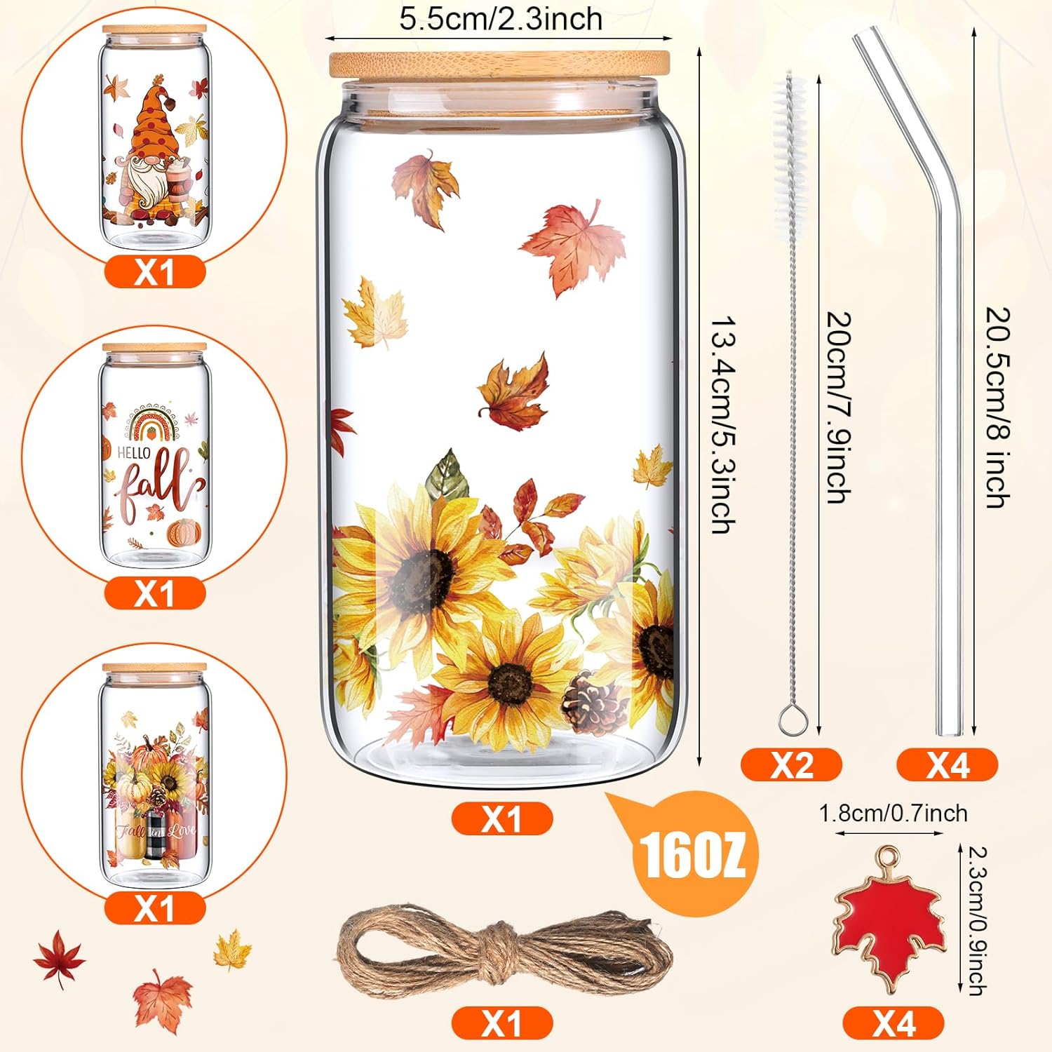 Sliner 4 juegos de vasos de vidrio de otoño de 16 onzas con tapa y cepillo de limpieza para pajilla, colgantes de hojas de arce, girasol, gnomo,