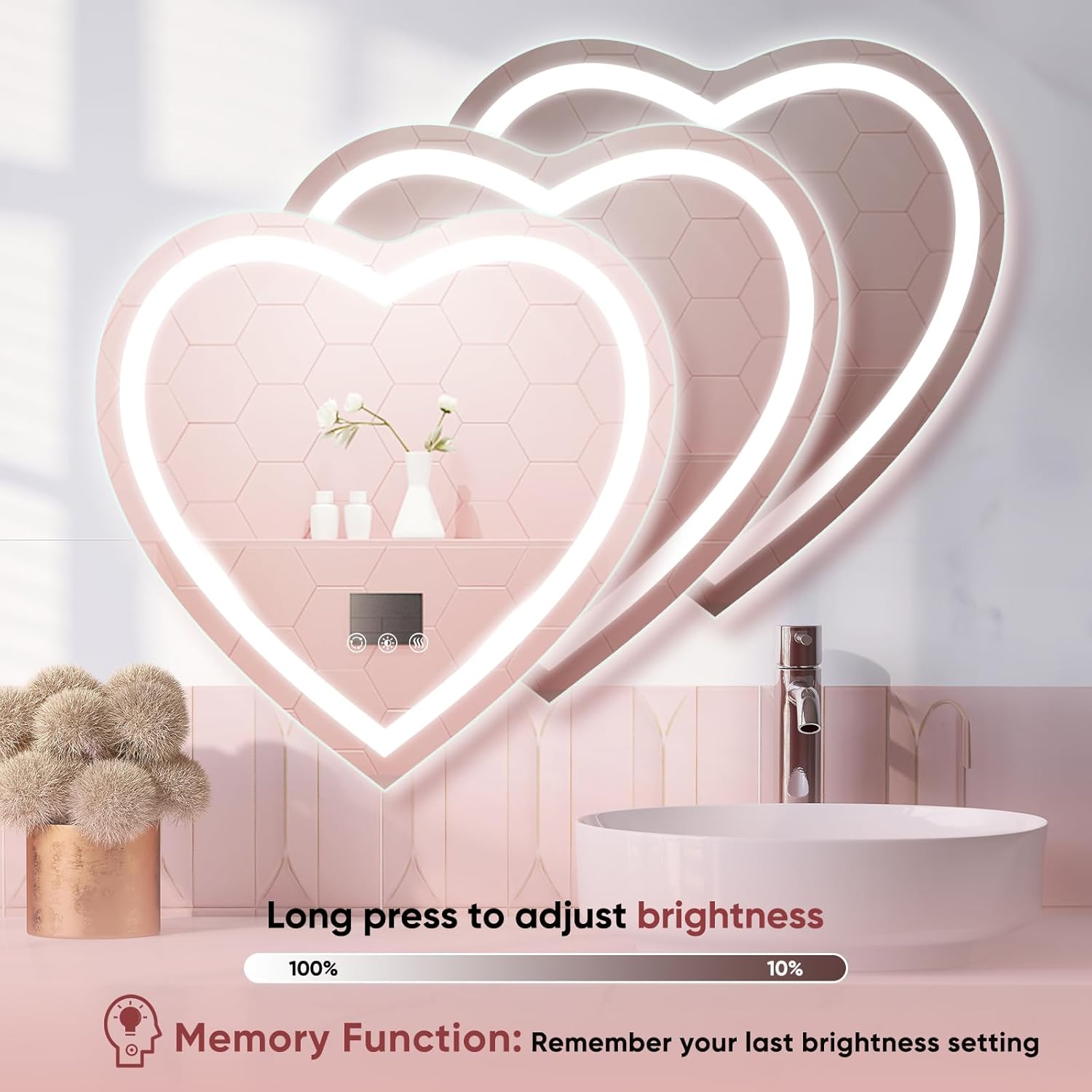 BesMirror Espejo de baño LED con luces en forma de corazón de 28 x 28 pulgadas, antiempañamiento frontal iluminado en la pared, espejo de tocador