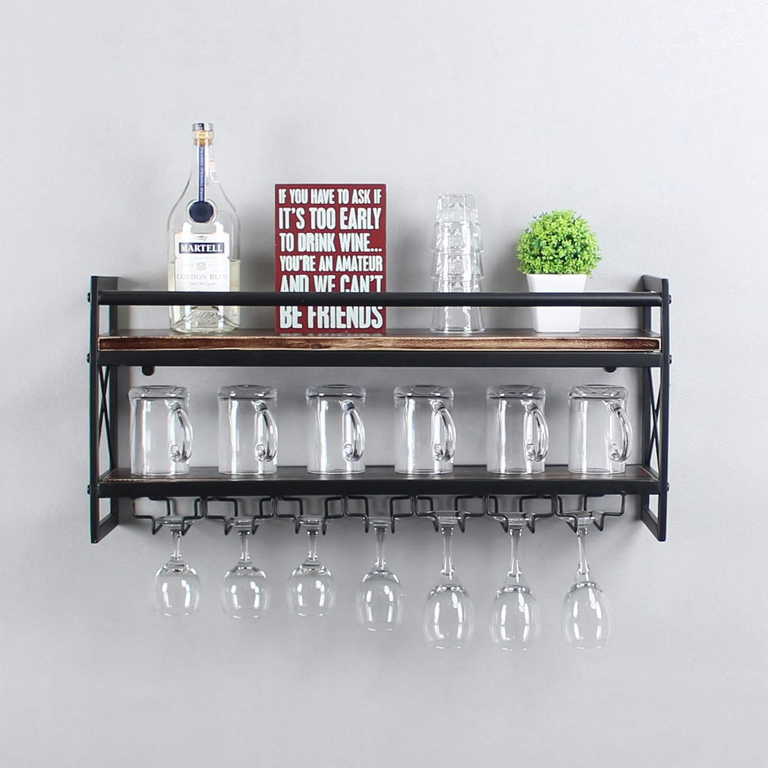 MBQQ Estante de vidrio para vino, estante industrial de madera de 2 niveles, estantes de vino de 30 pulgadas para montar en la pared con 7 soportes