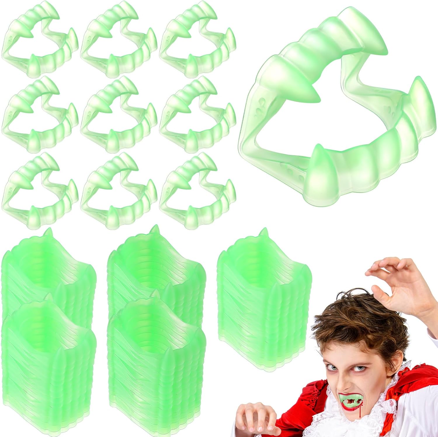 Colmillos de vampiro brillantes para Halloween, dientes de plástico que brillan en la oscuridad, suministros de fiesta de Halloween, dientes falsos
