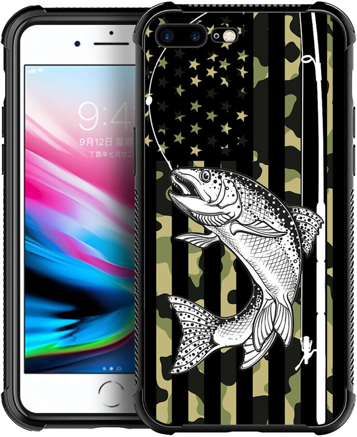 DAIZAG Funda compatible con iPhone 7 Plus8 Plus Camo Fishing American Flag Phone Case a prueba de golpes suave funda para teléfono para niños y