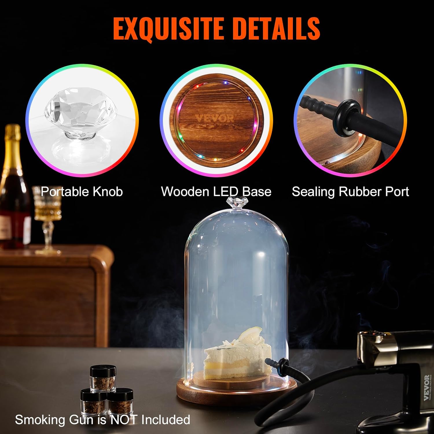 VEVOR Cloche para fumar, cubierta de cúpula de vidrio de 6.9 pulgadas con base de madera, pistola de ahumador, infusor de humo accesorio para