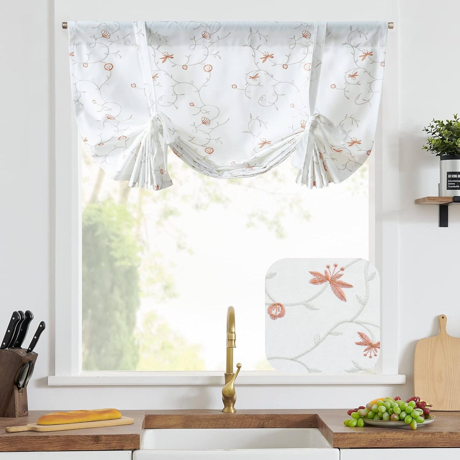 JINCHAN Cortina de cenefa con bordado floral naranja coral de 45 pulgadas, cortina de ventana pequeña botánica de granja ajustable, cenefa rústica