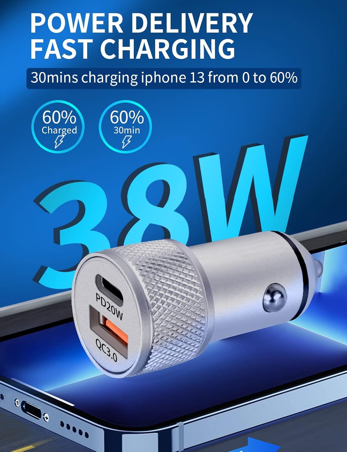 Paquete de 2 Cynemo – Cargador rápido de coche para iPhone 13 12 11, 38 W de doble puerto 20 W, USB C, cargador de cargador de coche, suministro de