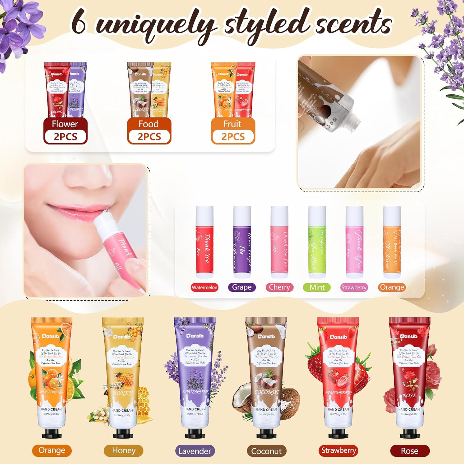 Regalos de agradecimiento para empleados crema de manos y bálsamo labial a granel con bolsa de organza, tarjeta de agradecimiento, loción de manos,